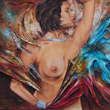 BELLA 2015r. Autor: Małgorzata Greguła. Obraz olejny+ technika własna. Akt, figuratywne. Wym: 60 x 50 cm