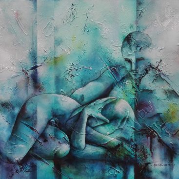 A O PORANKU 2017r. Autor: Małgorzata Greguła. Obraz olejny + technika własna. Akt damsko-męski. Wym: 60x50cm
