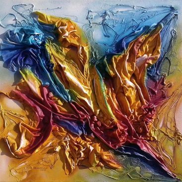 BARWY PASJI 2016r. Autor: Małgorzata Greguła. Obraz olejny + technika własna. Abstrakcja. Wym: 70 x 65 cm.
