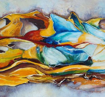 BEZSENNOŚĆ 2009r. Autor: Małgorzata Greguła. Obraz olejny + technika własna. Abstrakcja. Wym: 40x70 cm