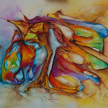 FANTAZJA 2014 r. Obraz przestrzenny, olejny + technika własna (struktura). Abstrakcja. Wym: 61x50cm.
