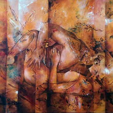 CZUŁA PASJA 2018 r. Autor: Małgorzata Greguła. Obraz akrylowy + technika własna. Akt damsko-męski. Wym: 60 x 50 cm