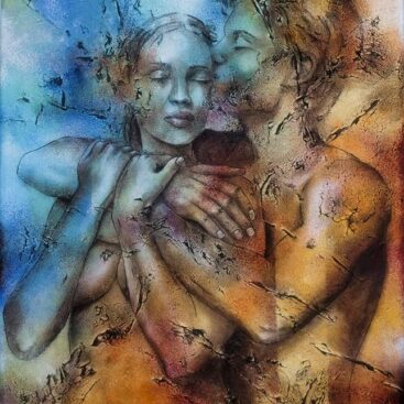 JESTEM PRZY TOBIE - 2022 r. Autor: Małgorzata Greguła. Obraz akrylowy. Akt, figuratywne. Wym: 40x50cm