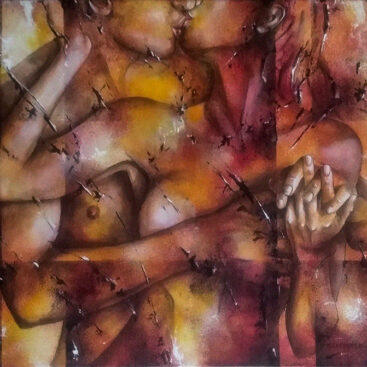 W TWOICH RAMIONACH II - 2022 r. Autor: Małgorzata Greguła. Obraz akrylowy.Akt damsko-męski, figuratywne. Wym: 60x50cm