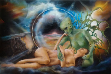 KOSMICZNA MIŁOŚĆ – 2021. Artystka: Małgorzata Greguła. Obraz olejny. Surrealizm, realizm magiczny. Wym: 40x60cm