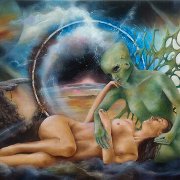 KOSMICZNA MIŁOŚĆ – 2021. Artystka: Małgorzata Greguła. Obraz olejny. Surrealizm, realizm magiczny. Wym: 40x60cm