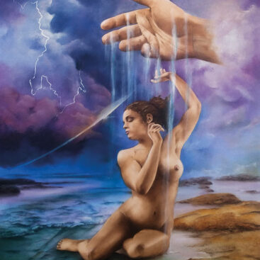 ŚWIATŁO STWORZENIA – 2021. Artystka: Małgorzata Greguła. Obraz olejny. Surrealizm, symbolizm, realizm magiczny. Wym: 60x70cm