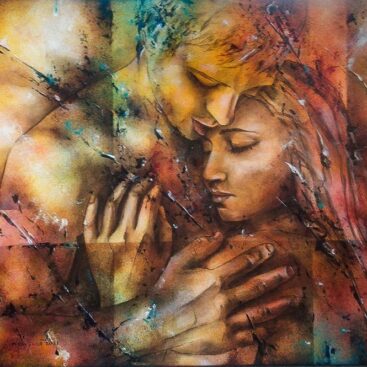 W TWOICH RAMIONACH – 2021. Autor: Małgorzata Greguła. Obraz akrylowy. Akt damsko-męski, figuratywne. Wym: 60x50cm