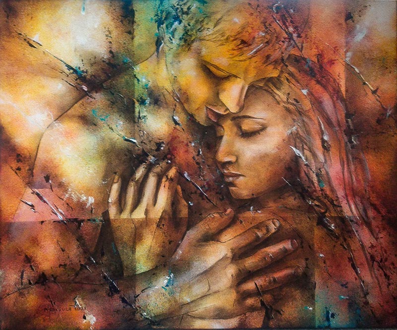 W TWOICH RAMIONACH – 2021. Autor: Małgorzata Greguła. Obraz akrylowy. Akt damsko-męski, figuratywne. Wym: 60x50cm