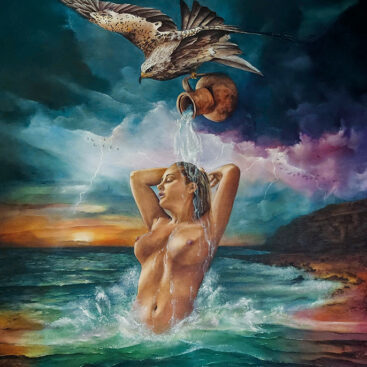 NIEBIAŃSKA CZYSTOŚĆ – 2021. Artystka: Małgorzata Greguła. Obraz olejny. Surrealizm, symbolizm, realizm magiczny. Wym: 60x70cm