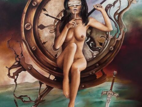W OBJĘCIACH CZASU – 2021r.Autor: Małgorzata Greguła. Obraz olejny. Surrealizm, symbolizm. Wym: 60x70cm