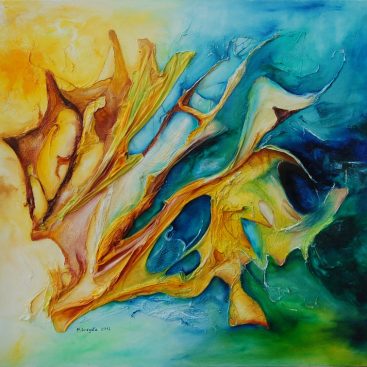 PASSION II - 2012 autor: Małgorzata Greguła. Obraz olejny na płótnie + technika własna. Abstrakcja. Obraz strukturalny. Kolaż. Wymiary: 70×70 cm