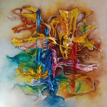 PASSION I - 2011. Autor: Małgorzata Greguła. Obraz olejny na płótnie + technika własna. Obraz strukturalny, asamblaż. Rozmiar 70×70 cm