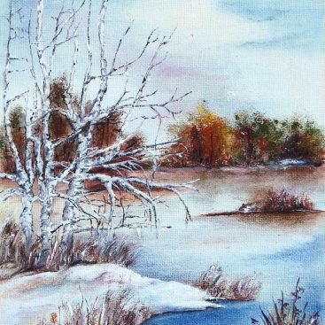 ZIMOWE JEZIORKO - 2010 autor: Małgorzata Greguła Obraz olejny na płycie. Pejzaż. Wymiary 18×24 cm.