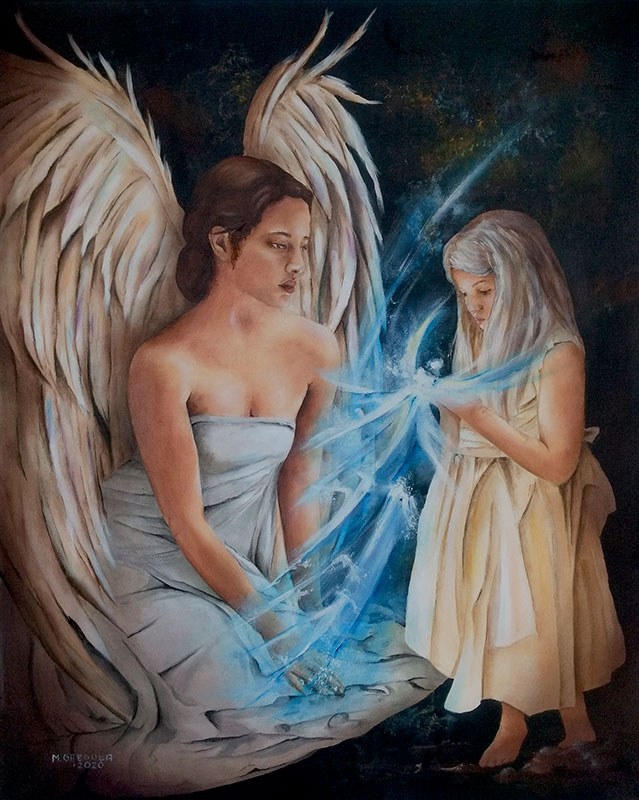 2020r. Obraz olejny. Anioły, scena rodzajowa, figuratywne. Wym: 65x81cm