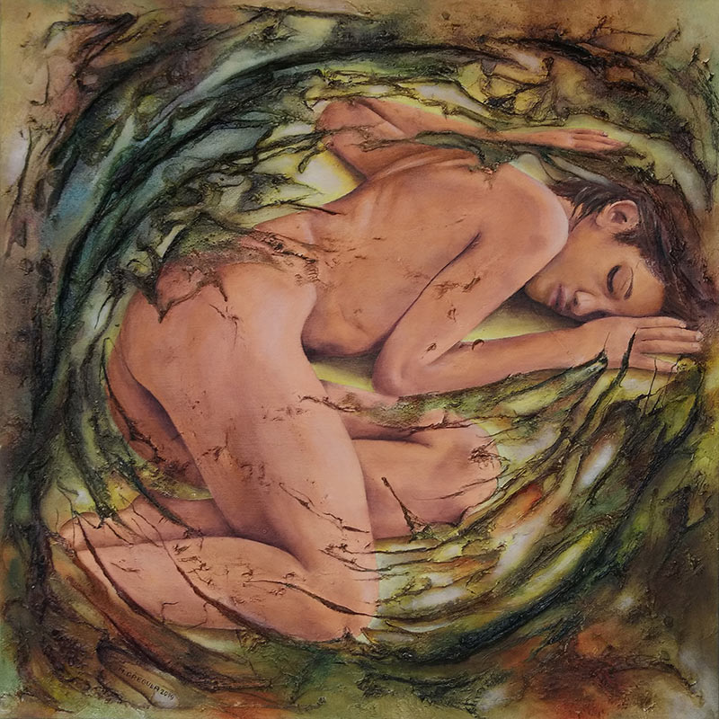 2020r. Obraz olejny, strukturalny. Kolaż. Akt kobiecy. Wym: 70X70cm