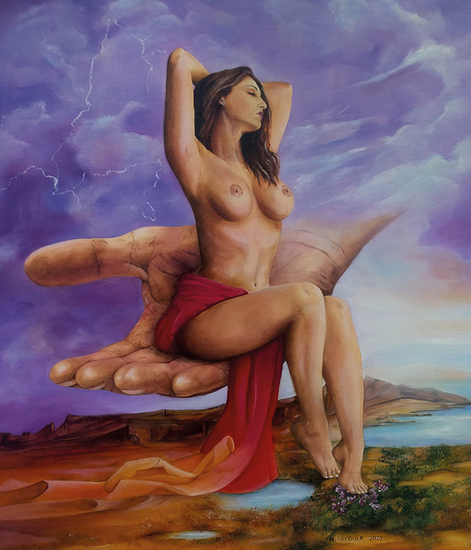 2020r. Obraz olejny. Surrealizm, realizm magiczny. Wym: 60x70cm.