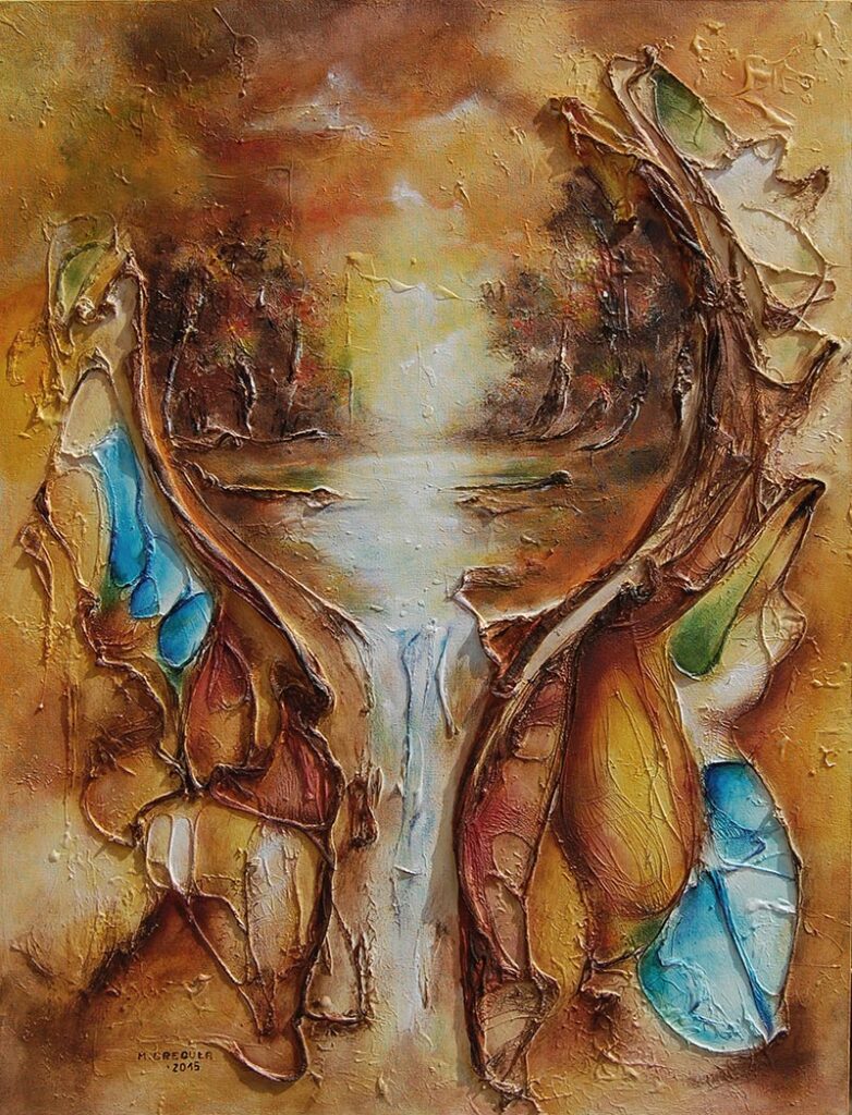 2015r. Obraz akrylowy. Pejzaż fantazyjny, Kolaż/ asamblaż. Wym: 46x61cm.