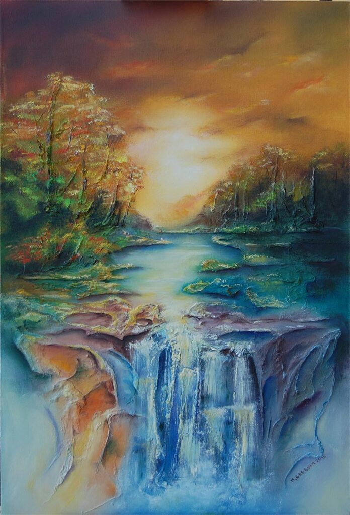 2014r. Obraz olejny. Pejzaż fantazyjny, obraz strukturalny - kolaż. Wym: 40x60cm.