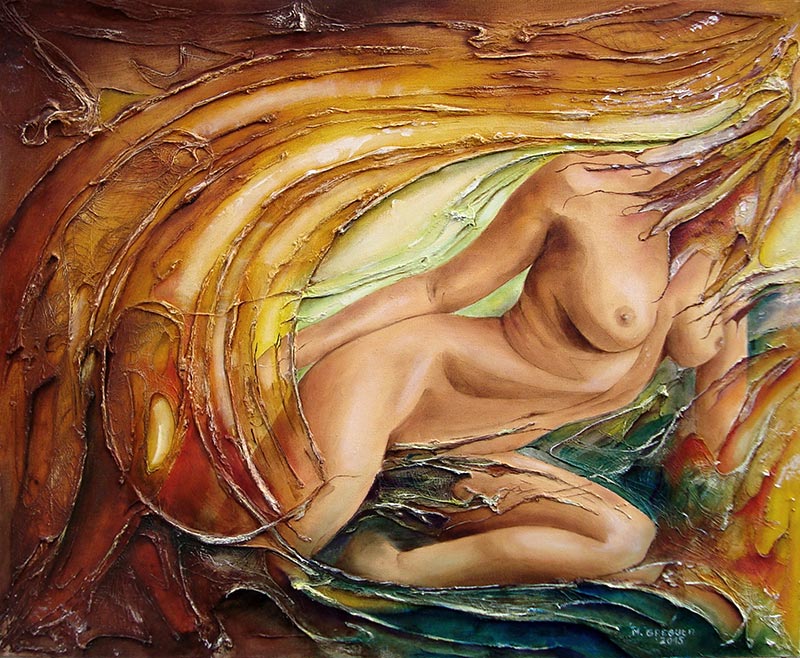 2015r. Obraz olejny, strukturalny. Akt. Kolaż/ asamblaż. Wym: 60x50cm.