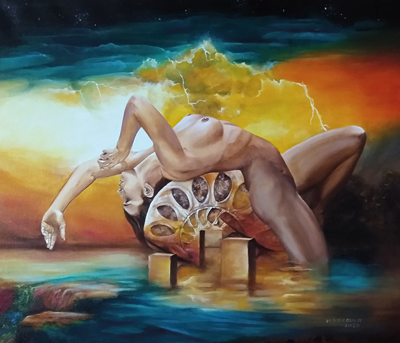 2020r. Obraz olejny. Surrealizm, realizm magiczny. Wym: 70x60cm.